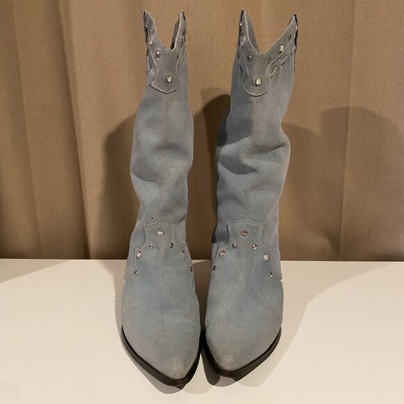 Steve Madden Y2K Light Blue Suede Studded Western Boots - 15" Tall Rodeo Style - Picture 4 of 12